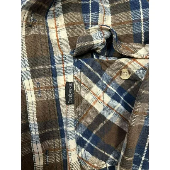 Five Brother Mens L Brown & Blue Plaid Flannel Shirt Long Sleeve Button-Up - Picture 3 of 6